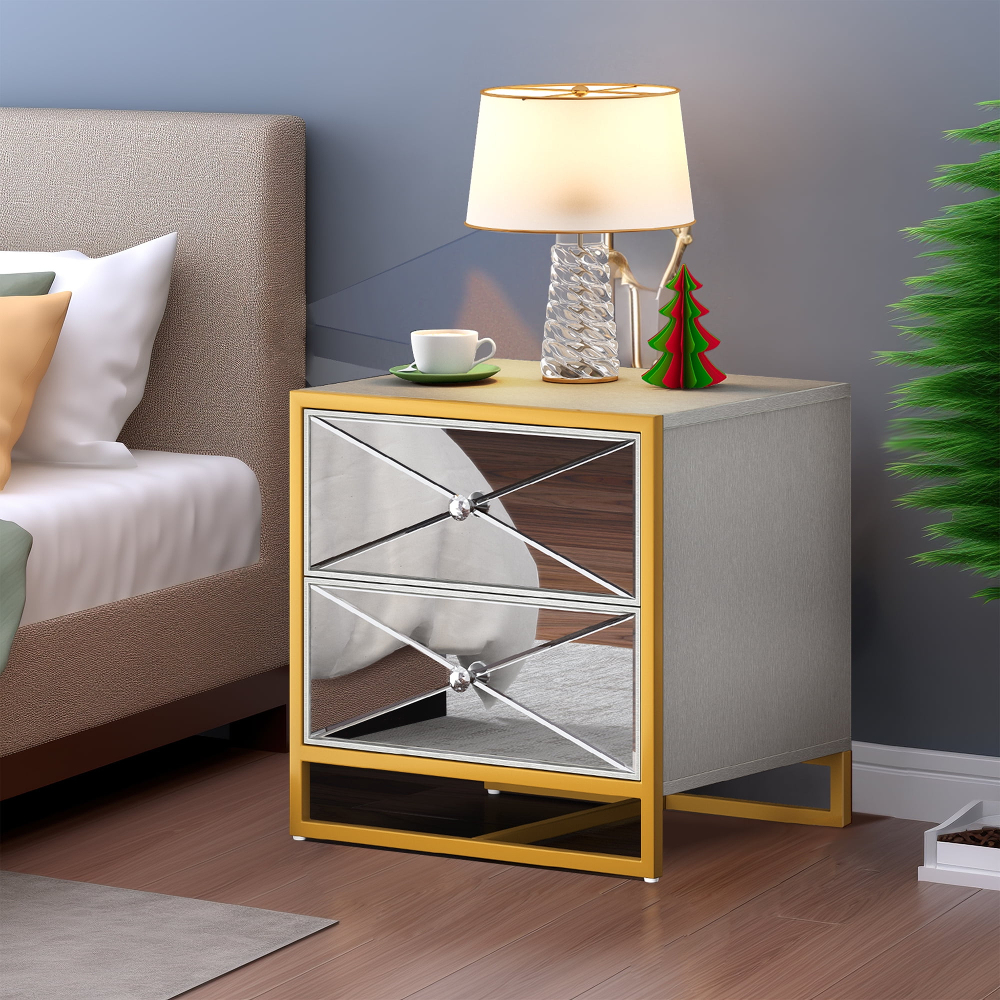 Dextrus Mirrored Nightstand 2 Drawer Modern Mirror End Table, Silver Finished Bedside Table for