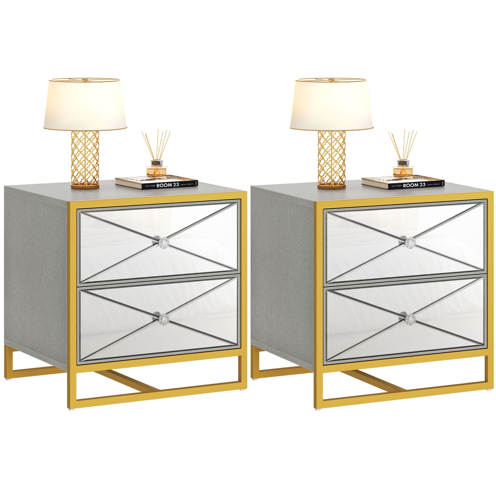 Dextrus Mirrored Nightstand 2 Drawer Modern Mirror End Table, Silver Finished Bedside Table for