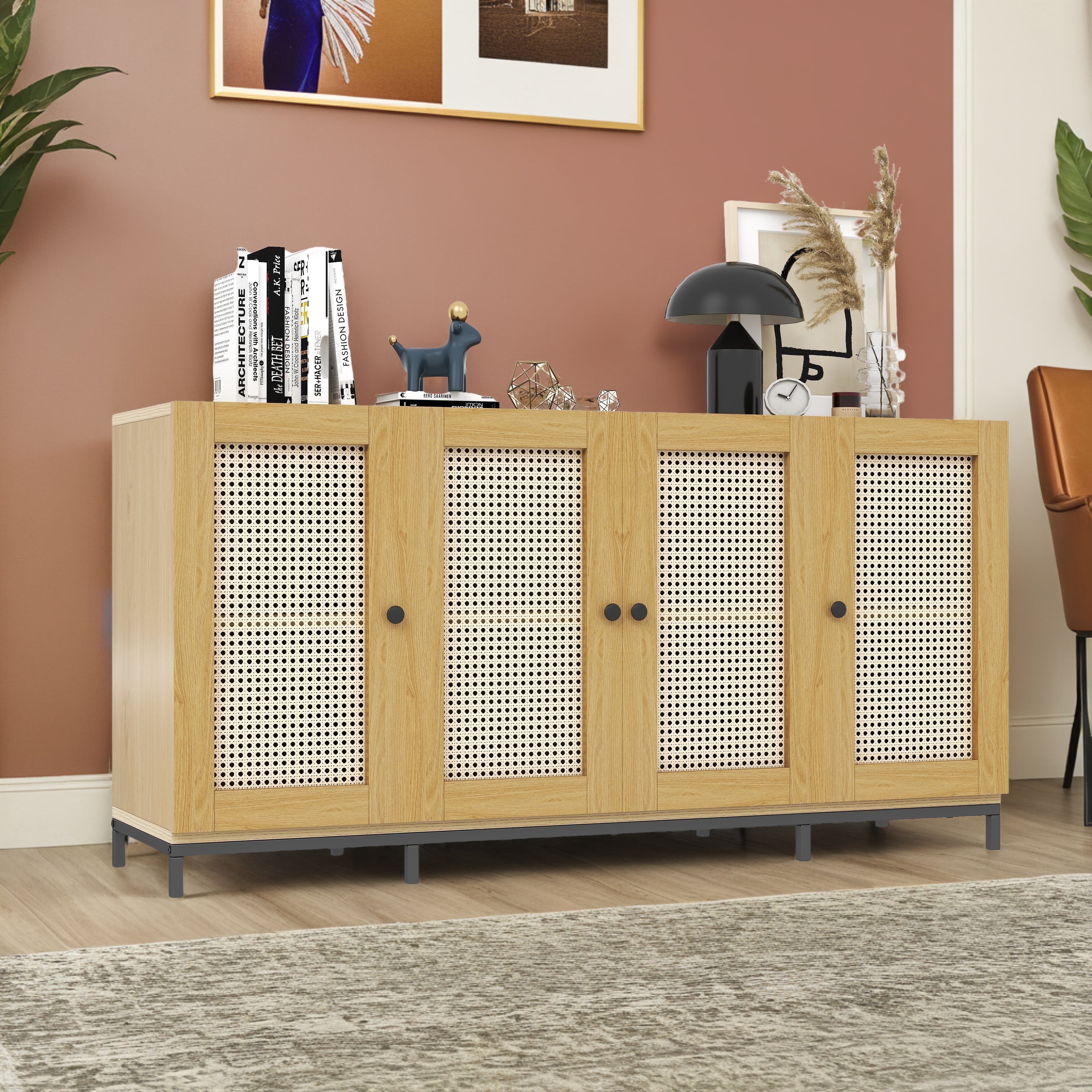 Dextrus Modern 4-Door Wood Sideboard - 59 Inch Width, Great for Storage in Living Areas,Beige
