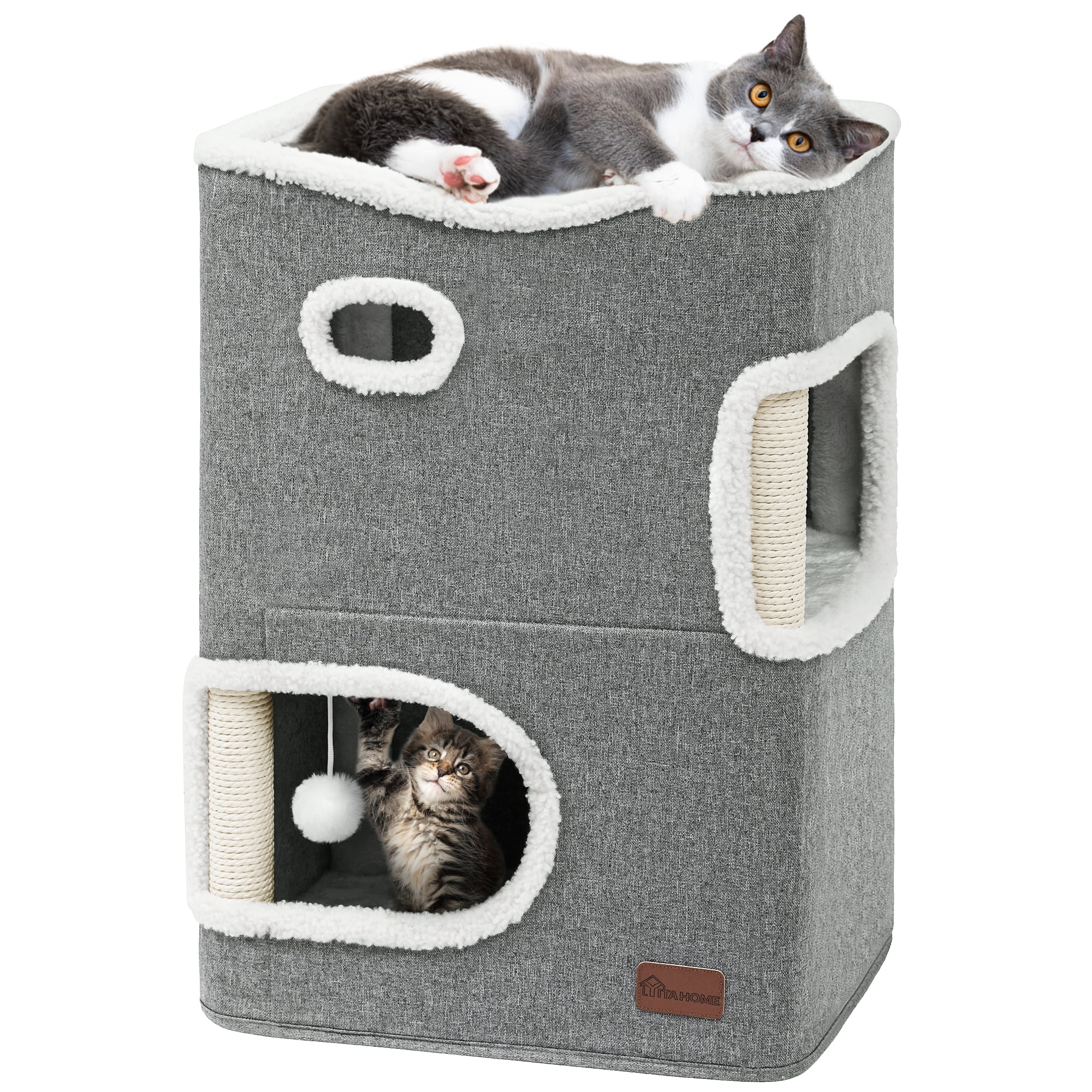 Dextrus Modern Cat Cube Condo 2 Level Indoor Cat House with Scratching Post Cozy Cave Bed Cushioned Pad and Hanging Fluffy Ball Grey Walmart Business Supplies