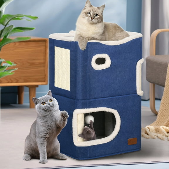 Dextrus Modern Cat Cube Condo, 2-Tier Indoor Cat House,Cat Tunnels with Scratch Pad and Hideaway Cube, 17.7"L x 13.7"W x 24.8"H,Blue