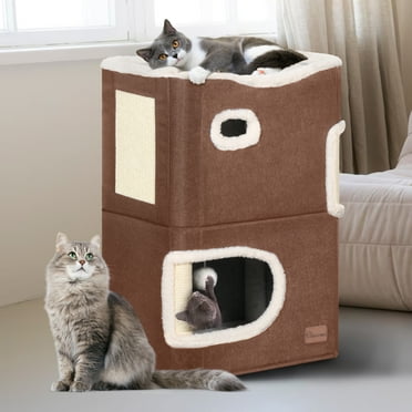 Dextrus Modern Cat Cube Condo, 2-Tier Indoor Cat House,Cat Tunnels with Scratch Pad and Hideaway Cube,17.7"L x 13.7"W x 24.8"H,Brown
