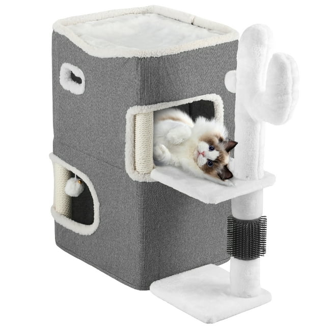 Dextrus Modern Cat Cube Condo, 2-Tier Indoor Cat House,Cat Tunnels with Scratch Pad and Hideaway Cube, 17.7"L x 13.7"W x 24.8"H,Cactus,Gray