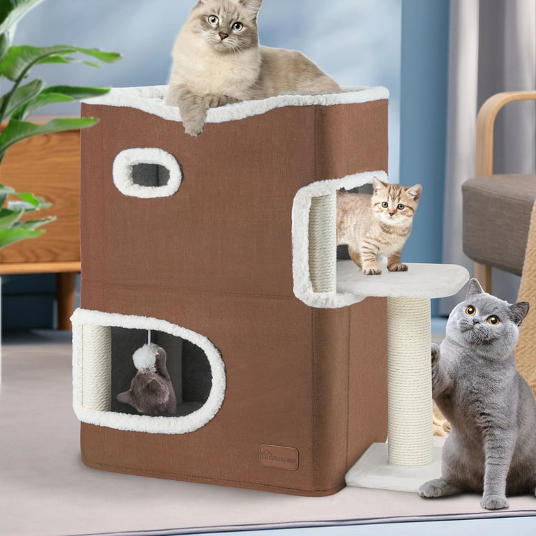 Dextrus Modern Cat Cube Condo 2 Tier Indoor Cat House Cat Tunnels with Scratch Pad and Hideaway Cube 22.8 L x 13.7 W x 24.8 H Brown