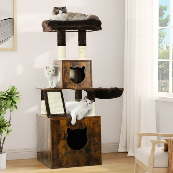 Dextrus Modern Cat Tree, Haven for Feline Friends - 4-in-1 Cat Tree, Litter Box Enclosure, and End Table Combo