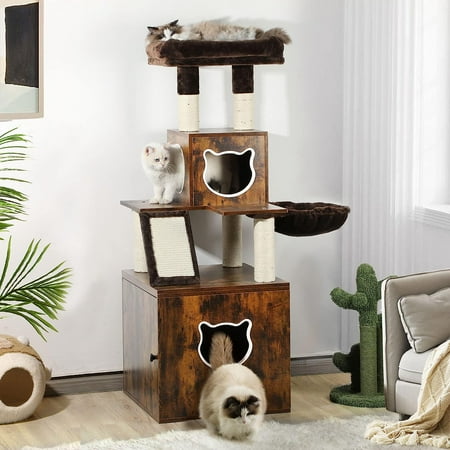 Dextrus Modern Cat Tree with Litter Box Enclosure, Combo Endtable and Large Cat Tower with Basket, 4-in-1 Litter Box Furniture Hidden and Scratching Post for Large Cats