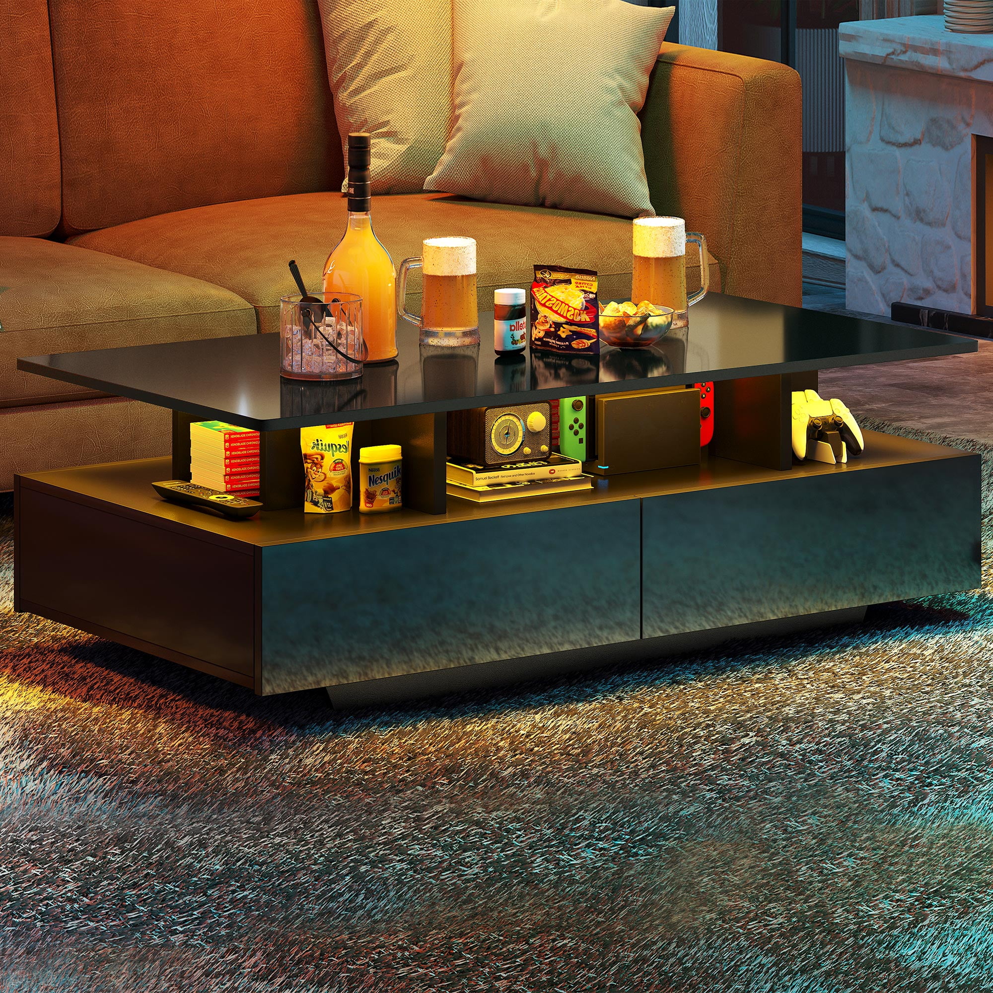 Dextrus Modern Coffee Table with Storage High Glossy LED Center Tables for Living Room Black