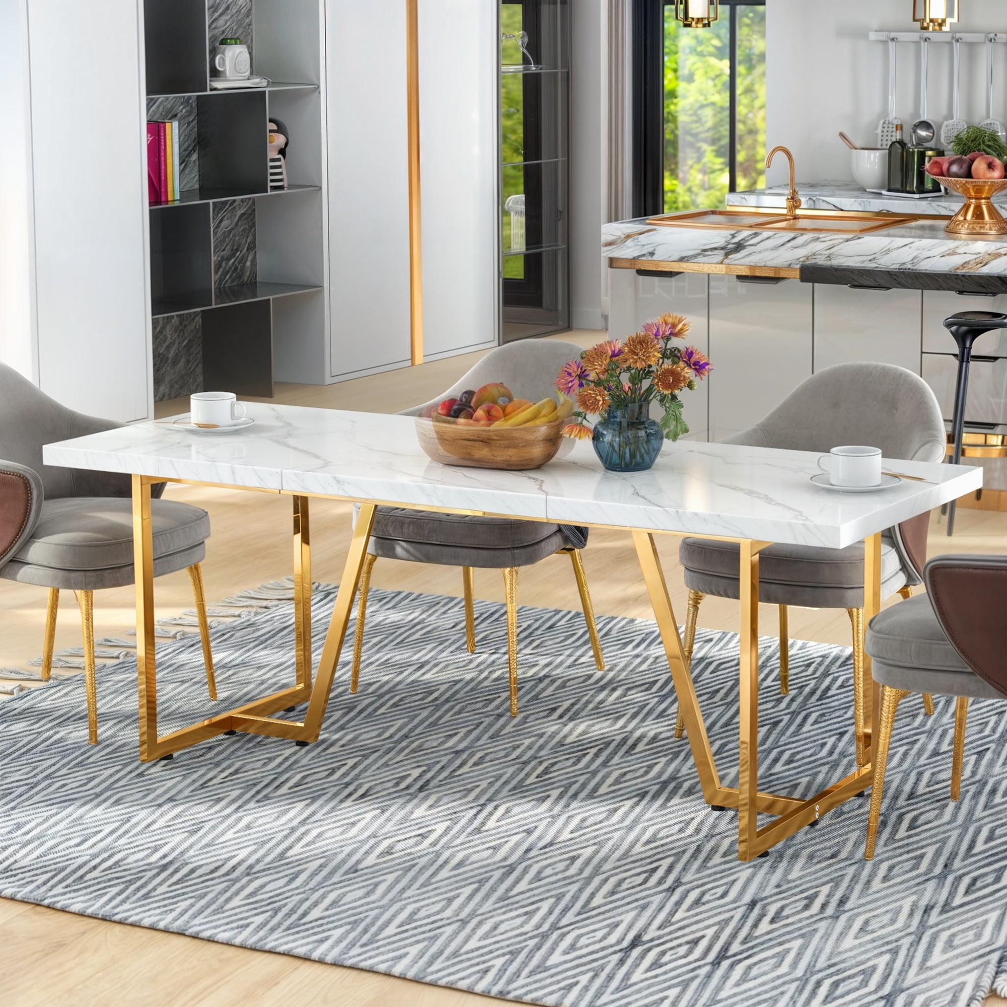 Dextrus Modern Dining Table, 82 inches Rectangle Dinner Table for 6-8 People, Faux Marble Large Kitchen Table with Gold Metal Legs for Dinner Room Kitchen, White
