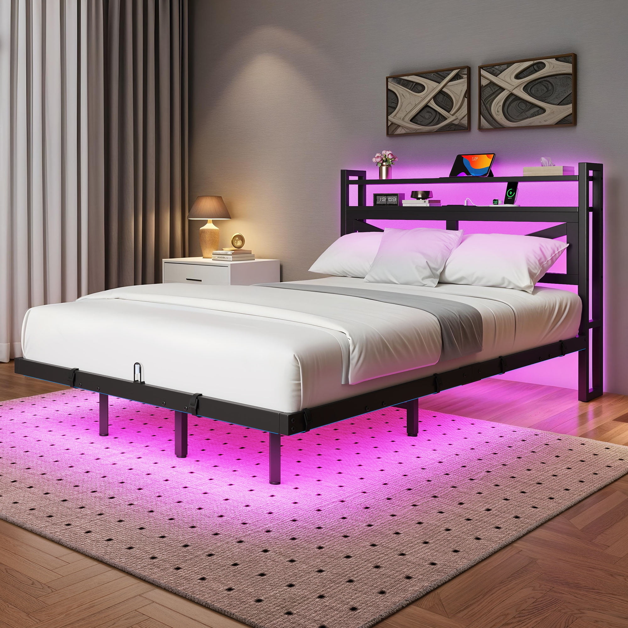 Dextrus Modern Floating Bed Frame, Full Size Bed Platform with 2-tier Storage Headboard, Noiseless Metal Frame, Built-in Power Hub, and LED Lights, Black