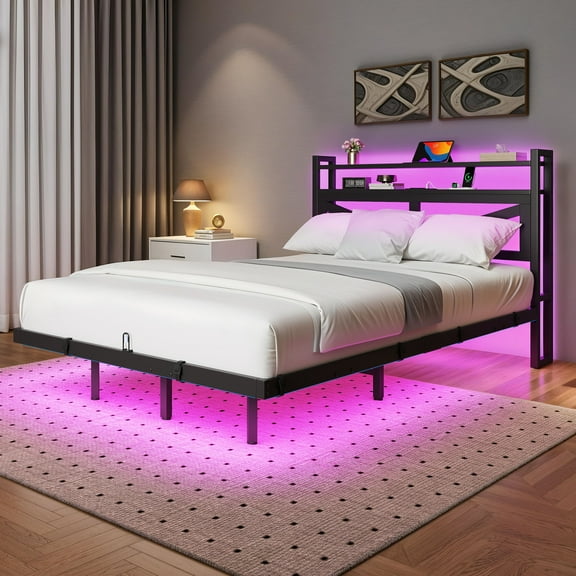 Dextrus Modern Floating Bed Frame, Full Size Bed Platform with 2-tier Storage Headboard, Noiseless Metal Frame, Built-in Power Hub, and LED Lights, Black