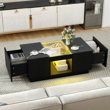 Dextrus Modern LED Coffee Table, Black Coffee Table with Storage, Large Living Room Center Tables, 2 Tiers and 2 Drawers