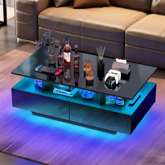 Dextrus Modern LED Coffee Table, Black Coffee Table with Storage, Large Living Room Center Tables, Display Shelf & Sliding Drawers