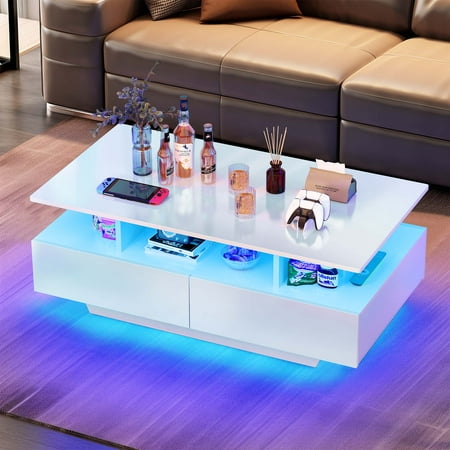 Dextrus Modern LED Coffee Table, White Coffee Table with Storage, Large Living Room Center Tables, Display Shelf & Sliding Drawers