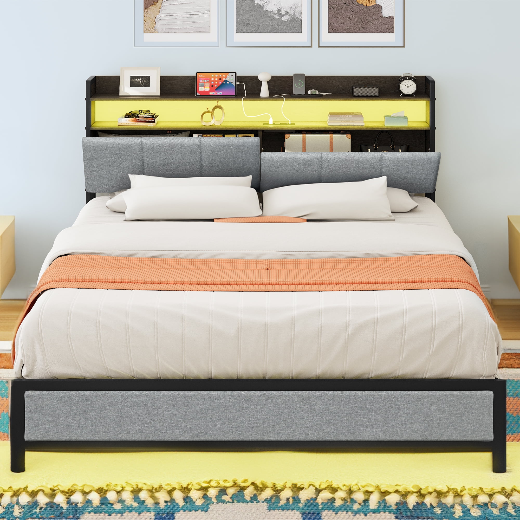 Dextrus Modern LED Light Bed Frame with Shelf Storage & Upholstered