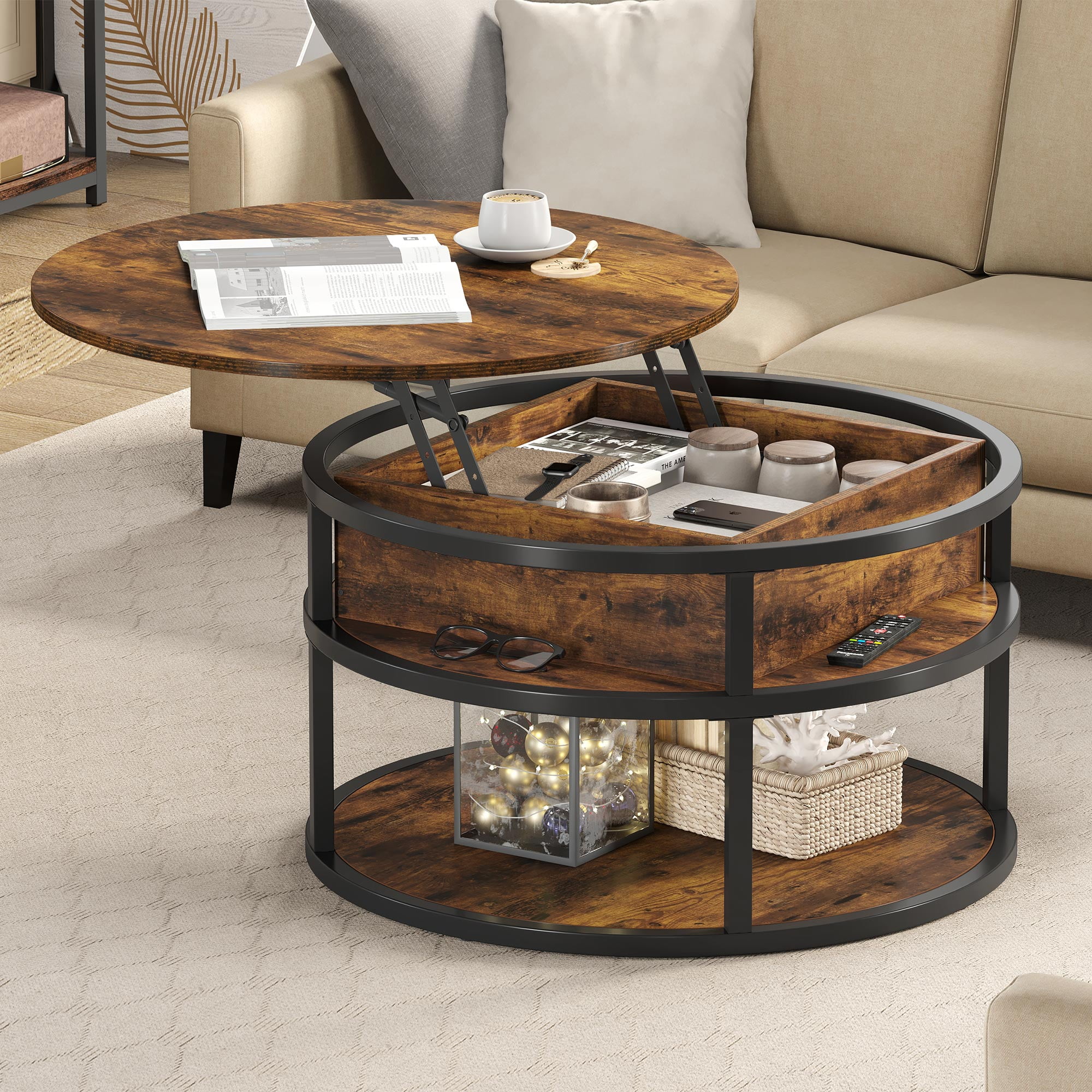 Dextrus Modern Lift Top Coffee Table with Storage, Round Center Tables