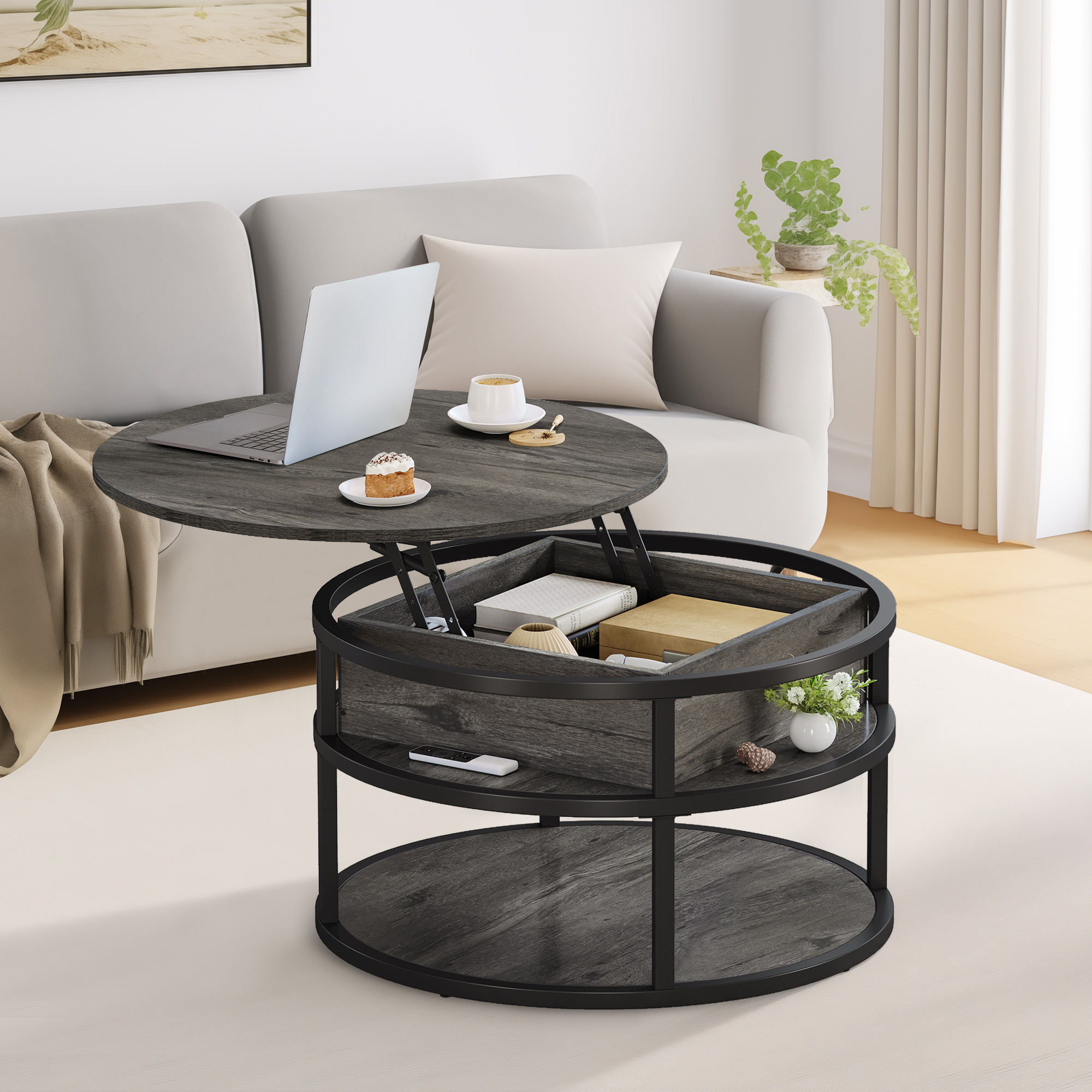 Dextrus Modern Lift Top Coffee Table with Storage, Round Center Tables