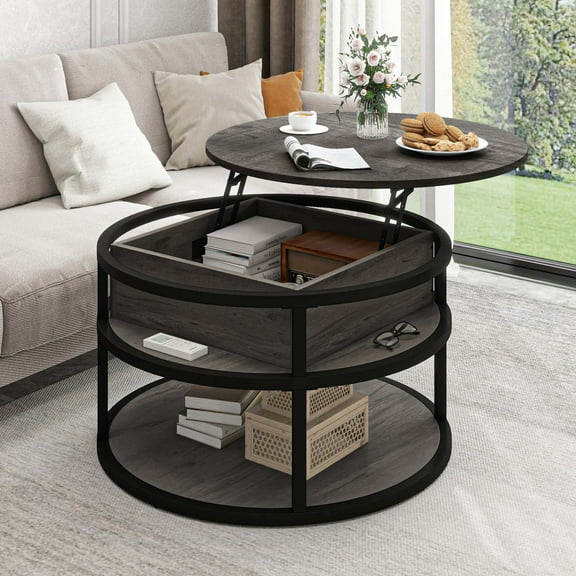 Dextrus Modern Lift Top Coffee Table with Storage, Round Center Tables for Living Room, Home Office, Gray