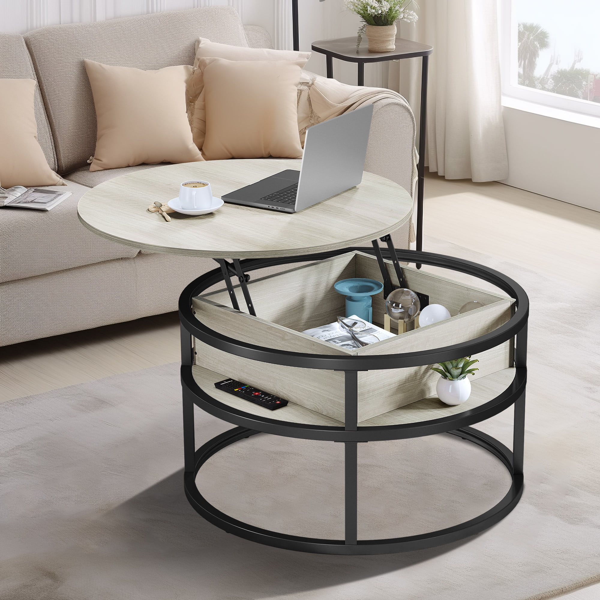 Dextrus Modern Lift Top Round Particle Board Coffee Table, White Oak