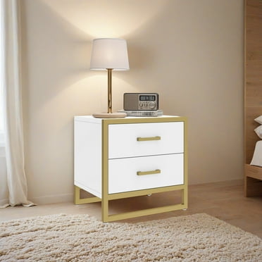 Dextrus Modern Nightstand End Side Table with 2 Drawers and Metal Frame for Bedroom Living Room, White and Gold