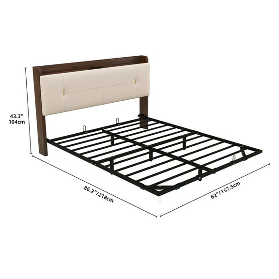 Dextrus Modern Queen Floating Bed Frame with Built-In Power Outlet, Adjustable LED Lighting, Beige Upholstered Platform with Mattress Retainers, Storage Headboard, No Box Spring Needed
