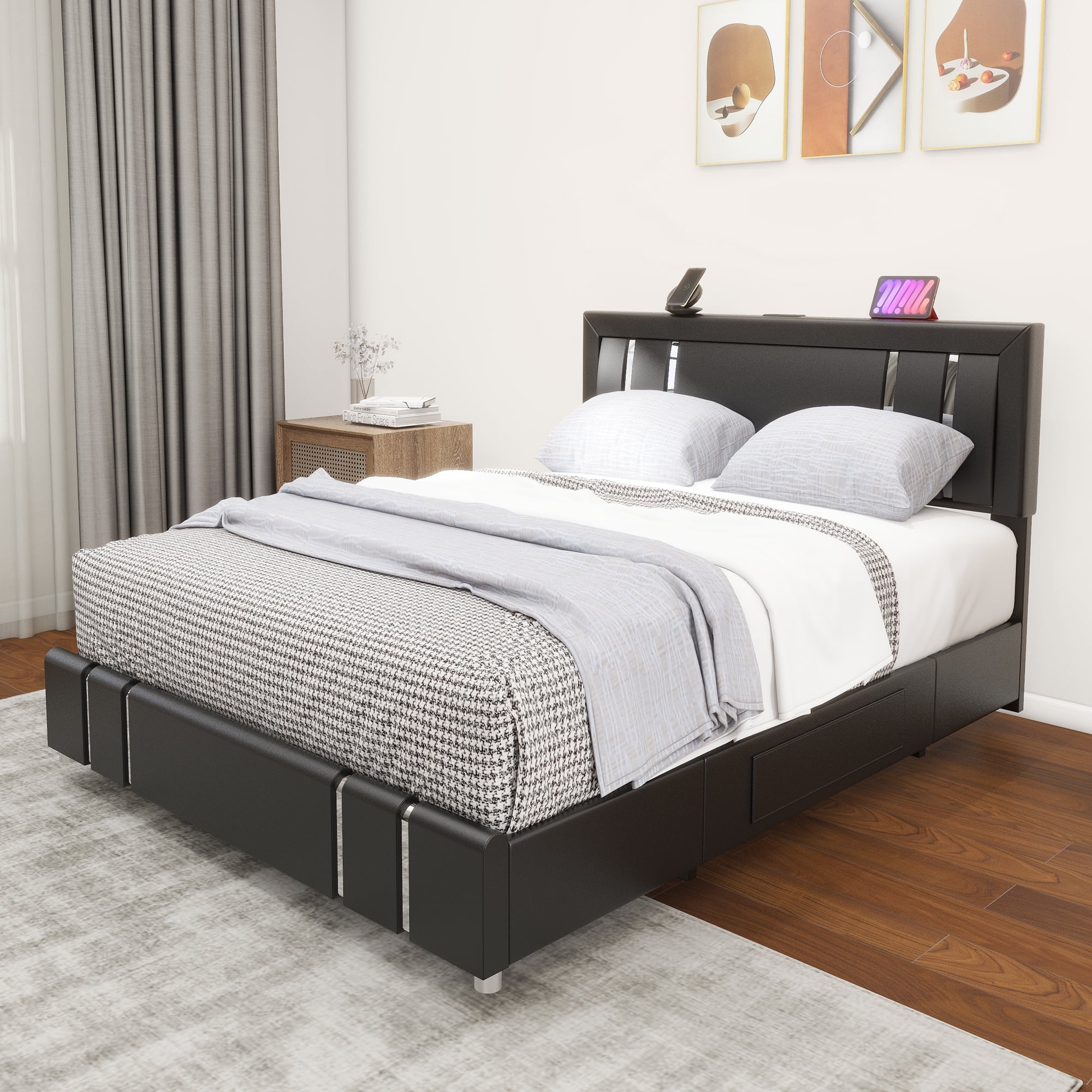 Dextrus Modern Queen Size Bed Frame with Adjustable Upholstered Headboard, LED Lighting, and Storage Drawers, Sleek Black Platform Bed with Metal Accents, No Box Spring Needed