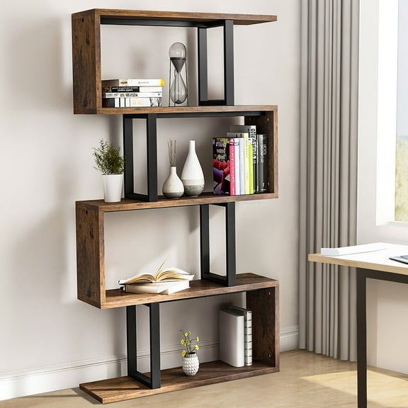 Dextrus Modern S Shaped Bookshelf 5-Tier Bookshelf Z-Shelf Bookshelves Wood Bookshelf, Display Storage Shelf Freestanding Decorative Storage Shelving for Living Room Home Office, Retro Brown