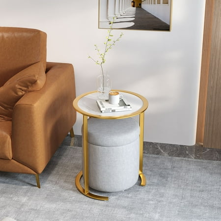 Dextrus Modern Side Table Set of 2, Faux Marble Round End Table with Storage Stool for Living Room, Bedroom, Apartment