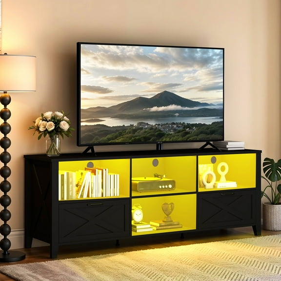 Dextrus Modern TV Cabinet with Vibrant LED Lights, 70" Entertainment Center, Fits TVs up to 80", Black