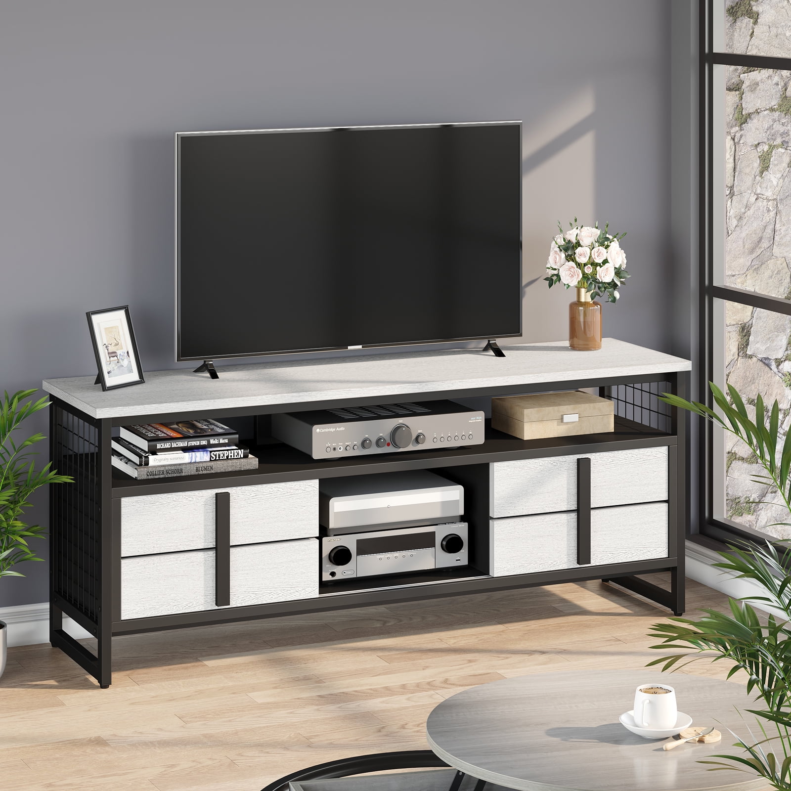 Dark wood and white deals tv stand