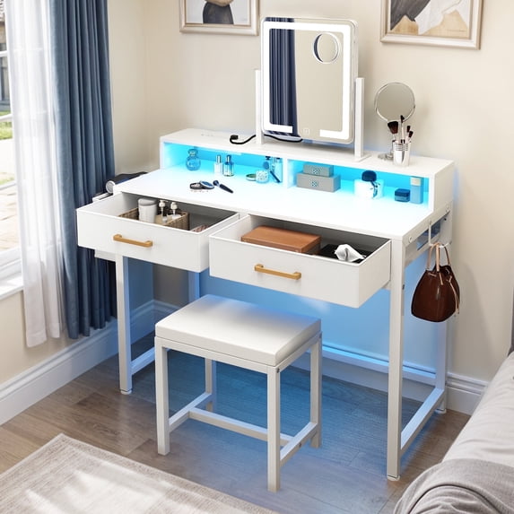 Dextrus Modern Vanity Desk with Stool, White Cloth Drawerless Table with Chair, Charging Ports & Lights with Mirror