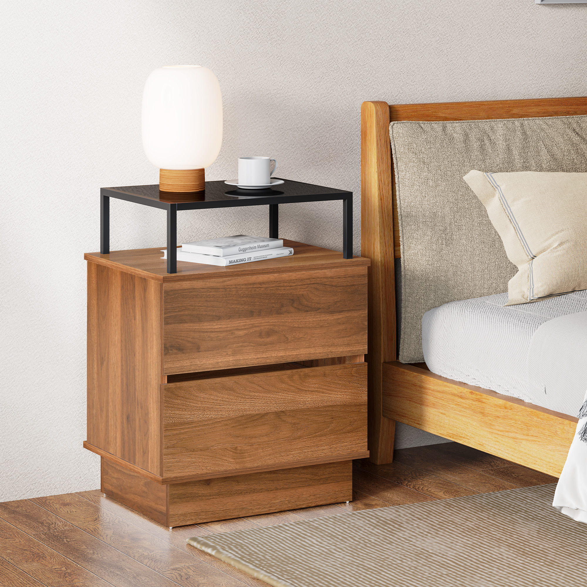 Dextrus Modern Walnut Wood Nightstand with 2Drawer, Solid Wood Bedside