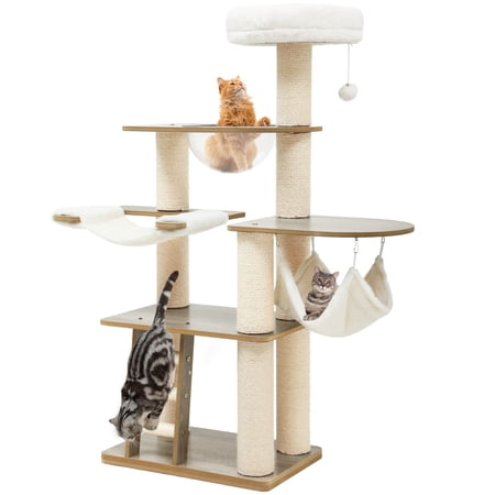 Dextrus Modern Wood Cat Tree, Multi Level Cat Tower for Indoor Large Cats with 2 Hammock, Scratching Post, Space Capsule, Climbing Ladder