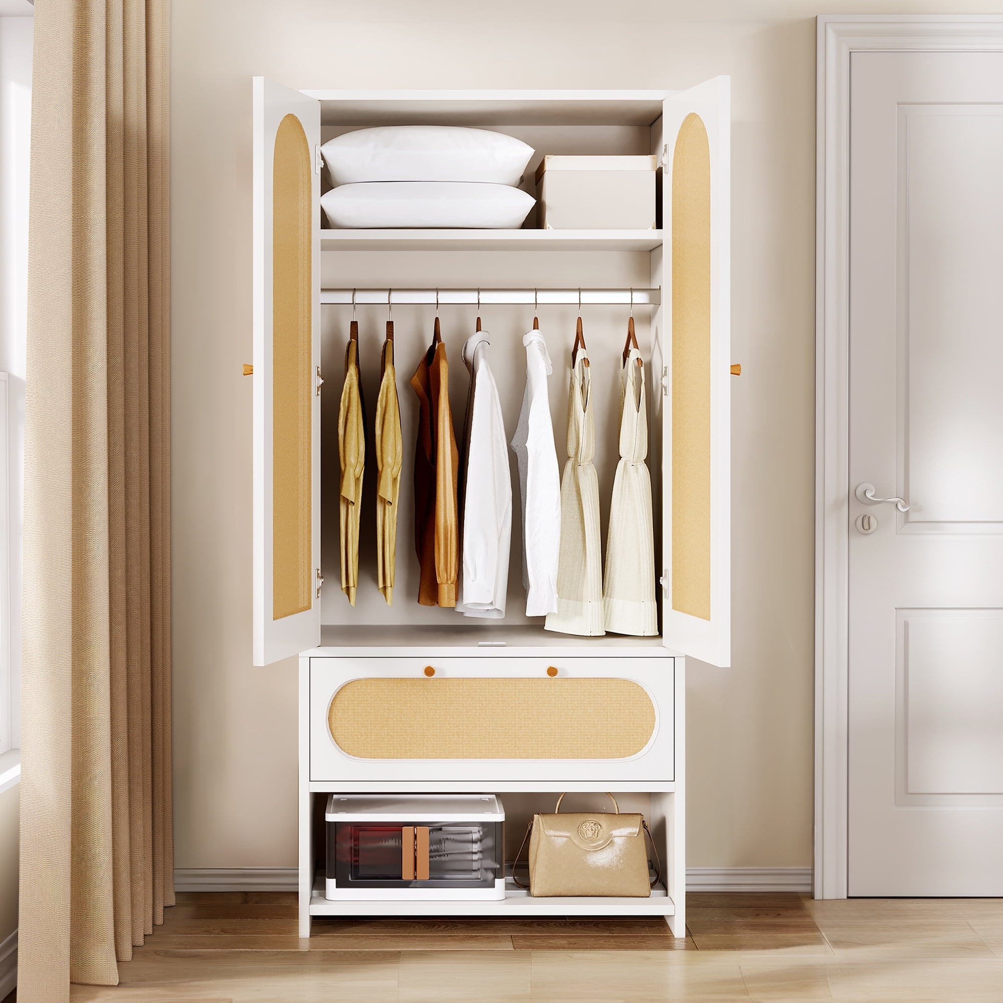 Dextrus Rattan Bedroom Storage Cabinet, 2-Door Wardrobe with Drawers ...