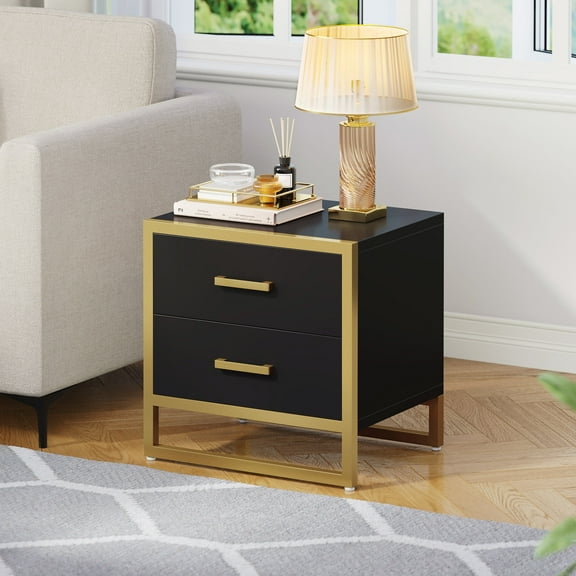Dextrus Nightstand End Side Table, 2 Drawers, Metal Frame for Bedroom Living Room, Black and Gold