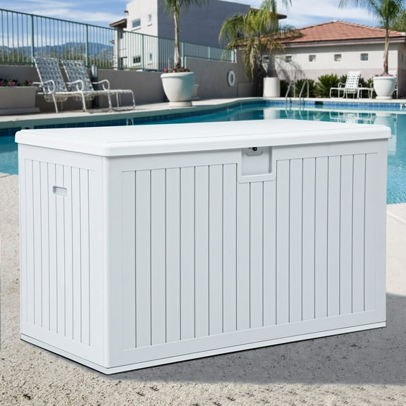 Dextrus Outdoor 230 Gallon Weatherproof Deck Box with Adjustable Partition, Grayish-White