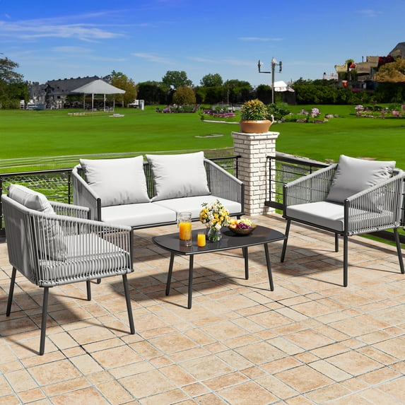 Dextrus Outdoor Bistro Set, 4-Piece Patio Furniture Ensemble, Double Gray Rope Loveseat for Backyard Deck, All-Weather Design with Plush Cushions & Table