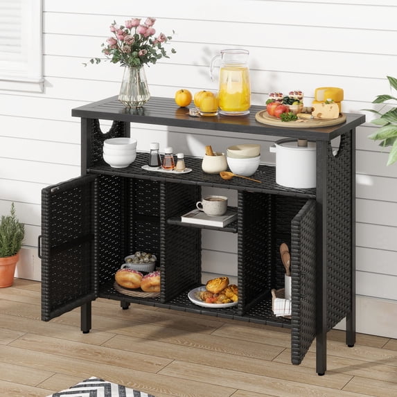 Dextrus Outdoor Buffet Sideboard Cabinet with Doors & Shelves, Patio Wood & Wicker Storage Cabinet - Black