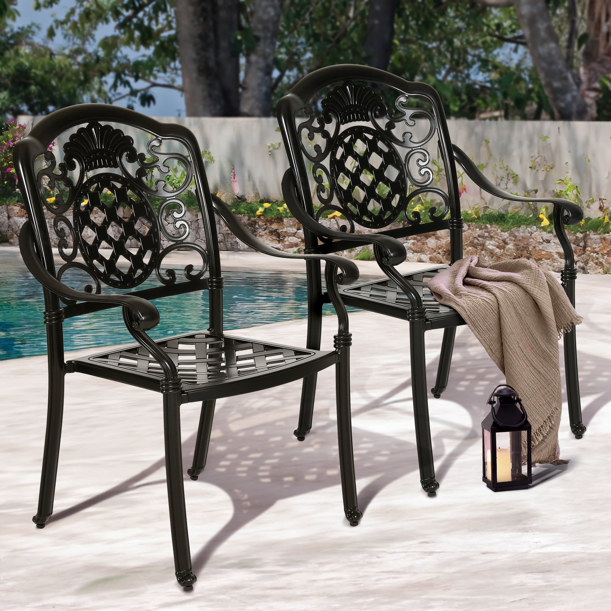 Dextrus Outdoor Cast Aluminum Armrest Dining Chairs Set of 2 Patio Bistro Chairs Black