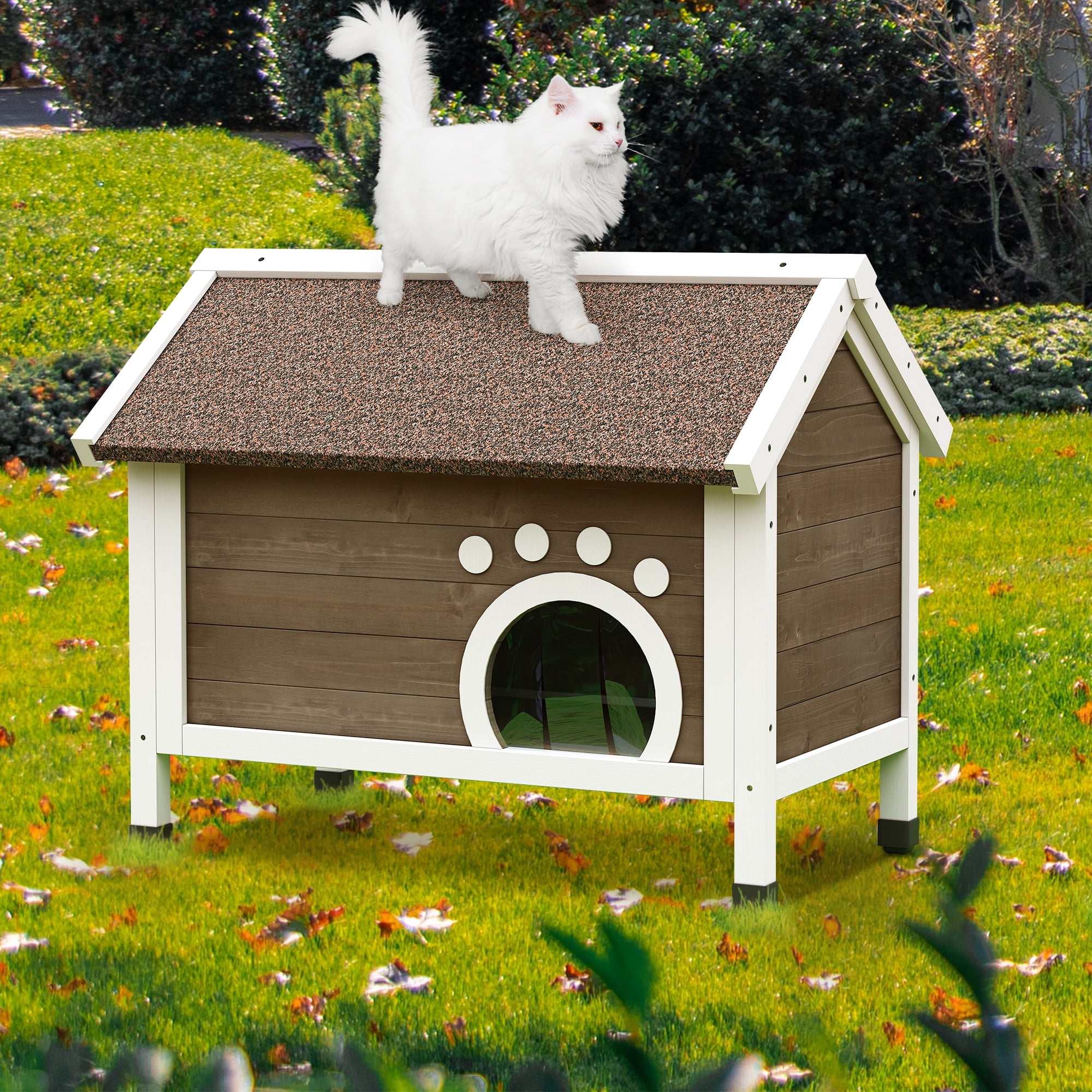 Dextrus Outdoor Cat House ,35.4" Weatherproof Outdoor Cat Shelter with All Round Foam, Brown