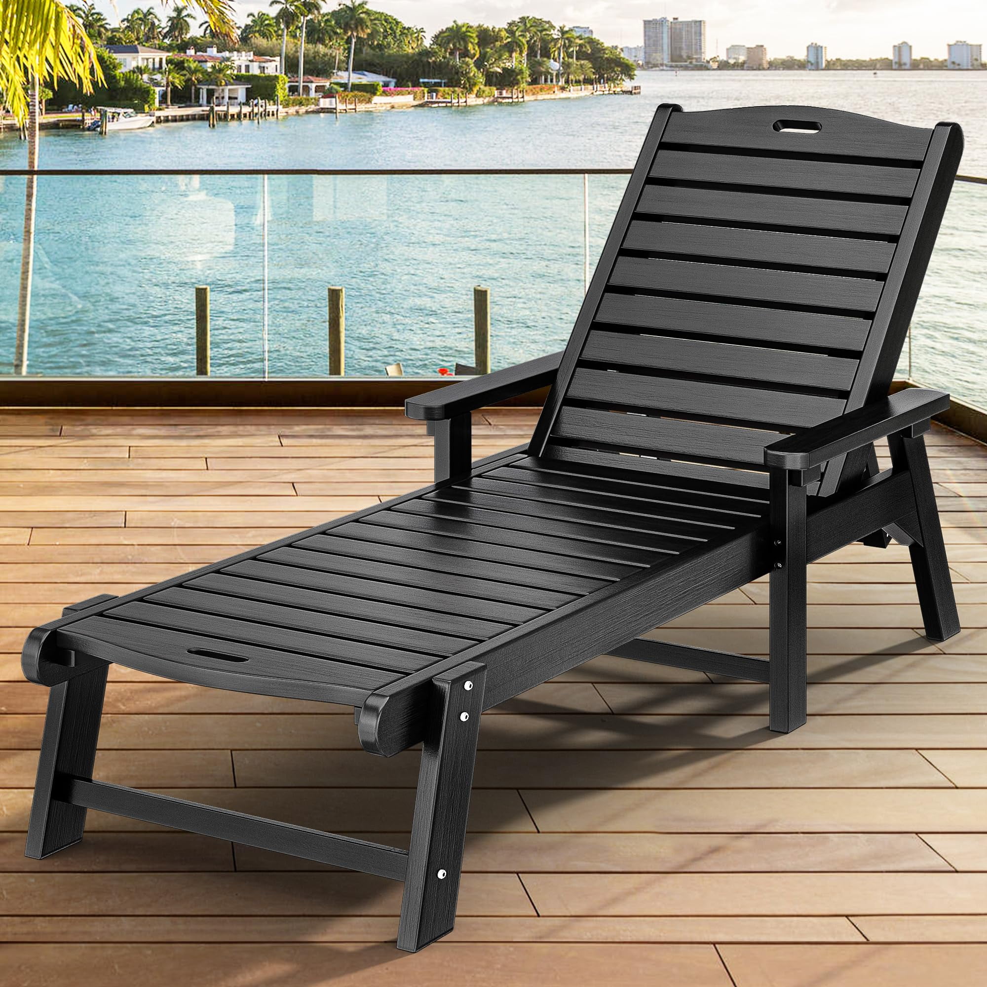 Dextrus Outdoor Chaise Lounge Chair with Adjustable Backrest Heavy Duty Resin Patio Lounger with Wide Armrest and 350lbs Capacity for Outside