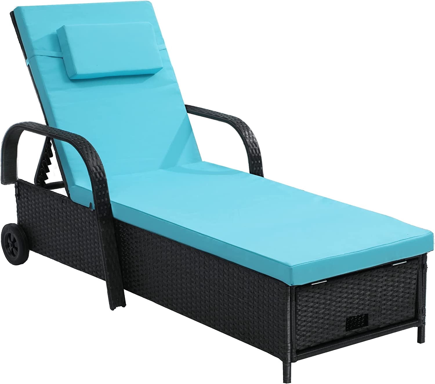 Dextrus Outdoor Chaise Lounge Storage Chair, Rattan Wicker Patio Pool Lounger with Adjustable Backrest, Arm, Cushion, Pillow and Wheel for Poolside Backyard Porch Garden Beach