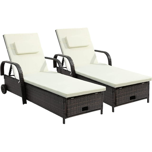 Dextrus Outdoor Chaise Lounge Storage Chair Set of 2, Rattan Wicker