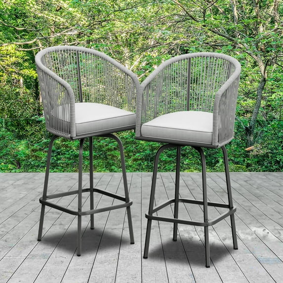 Dextrus Outdoor Collection Woven Swivel Bar Stools Curved Back 360 Rotation Set of 2, Gray/Dark Gray