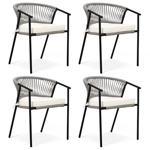 Dextrus Outdoor Dining Chair Set of 4, Rope Woven Stackable Patio Dining Armchair With Cushions - Beige