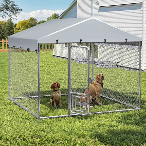 Dextrus Outdoor Dog Kennel with Rotating Feeder Bowls, 7.5'x7.5' Outdoor Dog Enclosure with Roof, Heavy Duty Dog Cage for Medium Large Dogs (Silver Color)