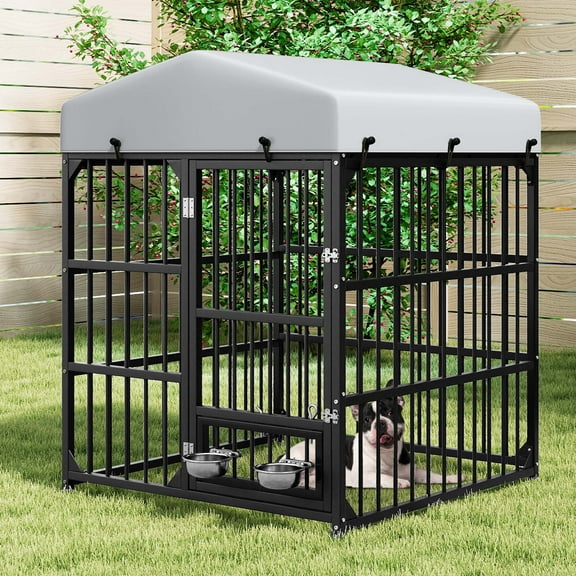 Dextrus Outdoor Dog Kennel with Rotating Feeder Bowls, Outdoor Dog Enclosure with Roof, Heavy Duty Dog Kennel , 4'L x 4'W x 5'H