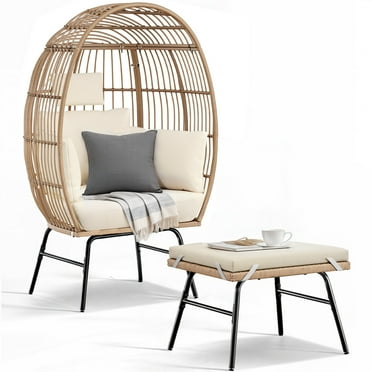 Dextrus Outdoor Egg Chair with Ottoman/Footrest, Patio Wicker Basket Chair with Stand and Cushion Cocoon Chair - Beige