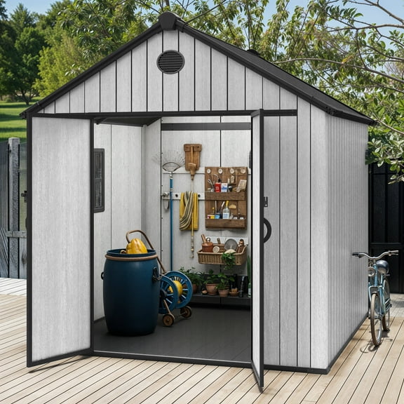 Dextrus Outdoor Garden Shed with Windows & Vent, 7.3 x 7.3 FT Plastic Storage Shed for Lawn Mower, Plant, & Bike, Waterproof Plastic Tool Storage with Lockable Door & Floor, Gray