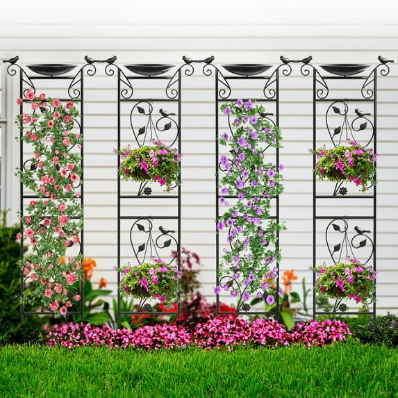 Dextrus Outdoor Garden Trellises with Bird Bath Bowl,4 Pack Black Metal Trellis,Ideal for Outdoor Climbing Plants, Decorative Rustproof Trellis for Patio and Garden