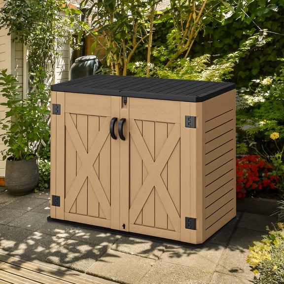 Dextrus Outdoor Horizontal Storage Shed with X-Shaped Lockable Door, 35 Cu Ft Weather Resistant Resin Tool Shed